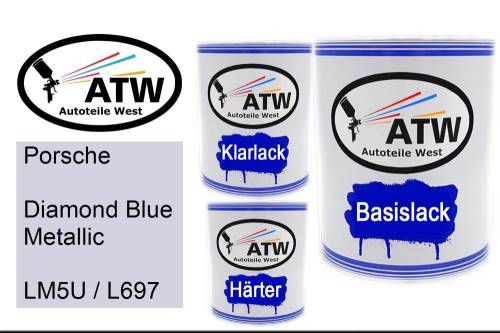 Porsche, Diamond Blue Metallic, LM5U / L697: 1L Lackdose + 1L Klarlack + 500ml Härter - Set, von ATW Autoteile West.